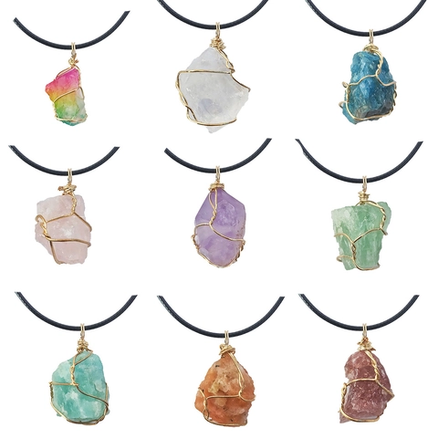 Irregular Natural Raw Stone Crystal Pendant Necklace Handmade Wire Wrapped Healing Mineral Jewelry With Simple Leather Cord