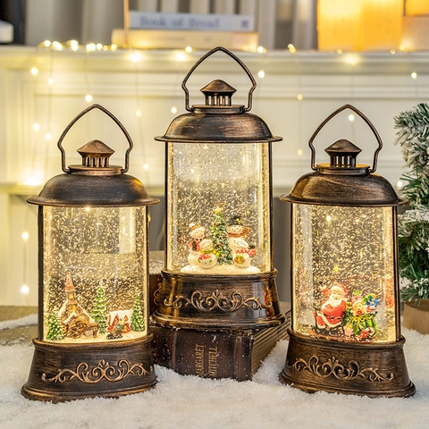 Lanterna Palla Di Neve Di Natale Lanterna Ad Acqua Decorativa LED Illuminata Glitter Rotanti Musicale Bronzo Antico Decorazione Tavola Regalo