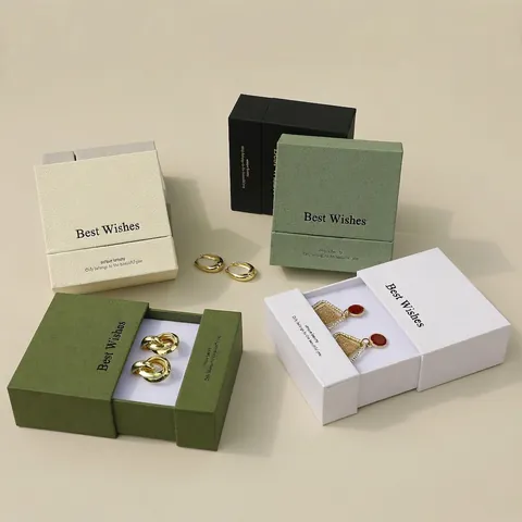 Square Jewelry Gift Packaging Box Textured Paperboard Drawer Style With Sponge For Necklace Earring Ring