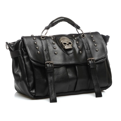 Women Punk Gothic PU Leather Handbag With Rhinestone Skull Metal Rivets Crossbody Shoulder Bag Large Capacity Motorbike Style