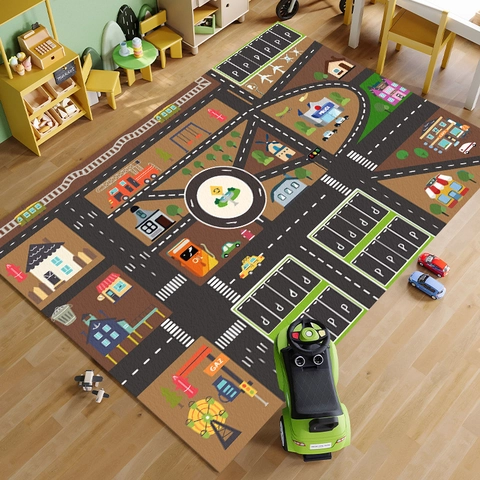 Kids Play Mat Rug Crystal Velvet City Road Map Parking Lot Pattern Educational Non-Slip Game Carpet For Playroom Bedroom