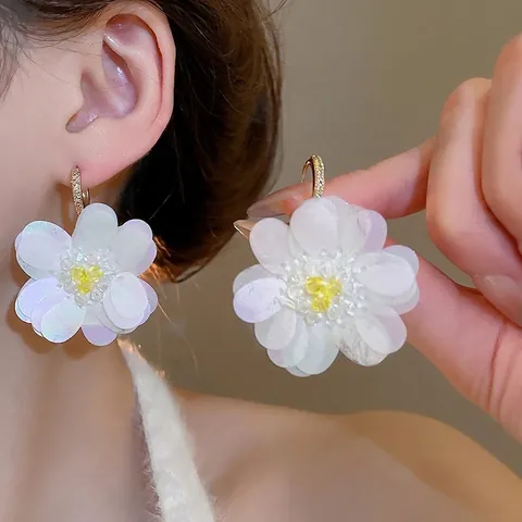 Blumen Tropfenohrringe Irisierend Weiß Pailletten Zirkon Gold Creolen Süßer Blumenschmuck Für Damen