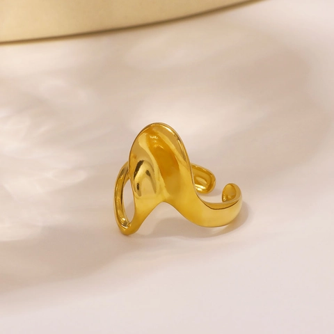 Irregular Wave Stainless Steel Ring Adjustable Opening Wrinkle Textured Minimalist Gold Plated Waterproof Jewelry