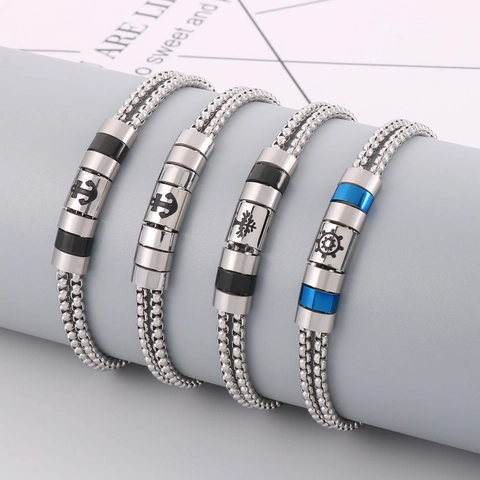 Men Stainless Steel Double Layer Box Chain Bracelet With Anchor Tree Of Life Compass Charms Nautical Style