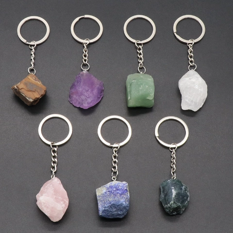 Natural Stone Keychain Raw Ore Crystal Mineral Pendant Handmade Irregular Quartz Amethyst Tiger Eye Jewelry Accessory