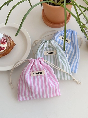 Borsa Portaoggetti Con Coulisse In Tela Di Cotone A Righe Verticali Mini Pochette Per Trucco Organizer Per Gioielli Da Viaggio Portatile Per Donne