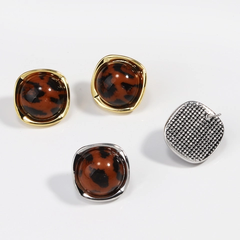 Vintage Leopard Print Tortoiseshell Stud Earrings Copper Gold Silver Plated Geometric Square Round Women Fashion