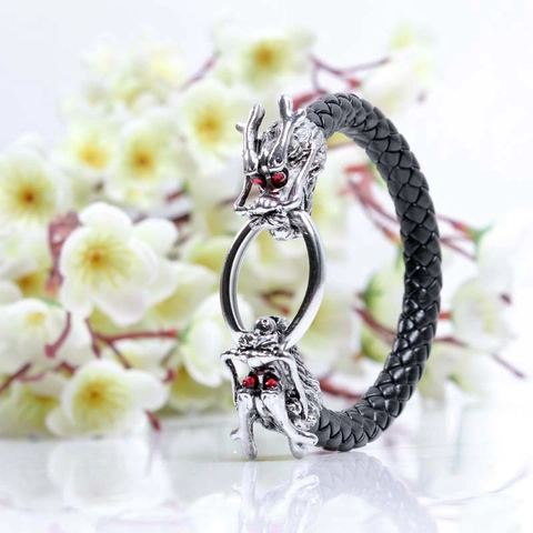 Drachenkopf Geflochtenes Lederarmband Herren Legierung Vintage Punk Stil Rote Strassaugen Schmuck