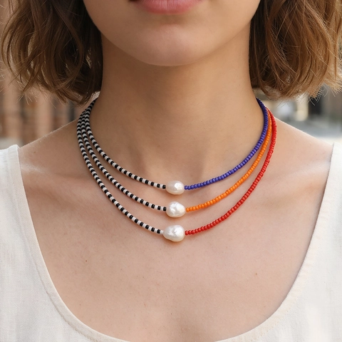 Bohemian Handmade Colorful Glass Seed Bead Necklace Splicing Irregular Freshwater Pearl Pendant For Women Fashion Jewelry