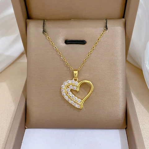 Herz Anhänger Halskette Mit Edelstahlkette Kupfer Zirkonia Asymmetrisch Hohl Gepflastert Goldton Eleganter Schmuck