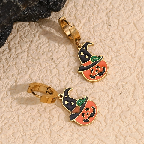 Halloween Pumpkin Witch Hat Drop Earrings Stainless Steel 18K Gold Plated Enamel Cartoon Fashion Jewelry For Women