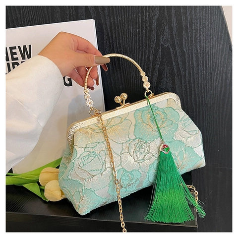 Sac À Main Brodé Style Chinois Vintage Avec Chaîne Gland Sac Bandoulière Pochette Pour Femme