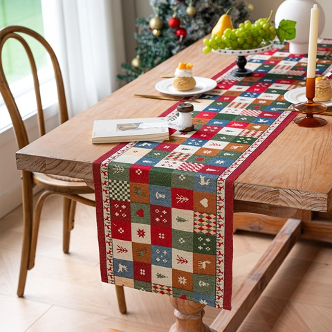Christmas Table Runner Jacquard Polyester Cotton Reindeer Snowflakes Pattern Xmas Dining Decor Bed Runner Holiday Party