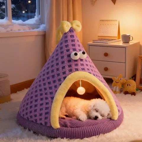Cama Tienda Para Mascotas Semi Cerrada Casa De Monstruo De Dibujos Animados De Pana Cálida Para Perros Pequeños Gatos