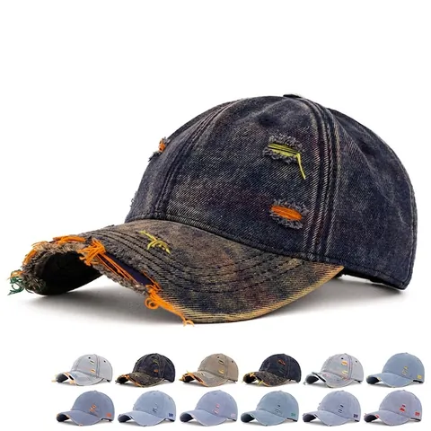Distressed Washed Denim Baseball Cap With Colorful Stitching Ripped Retro Streetwear Sun Hat For Men And Women