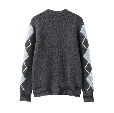 Cardigan In Maglia Argyle Donna Stile Accademia Retrò Scollo A V Bottoni Maglione Maniche Lunghe Con Tasche Poliestere Spandex