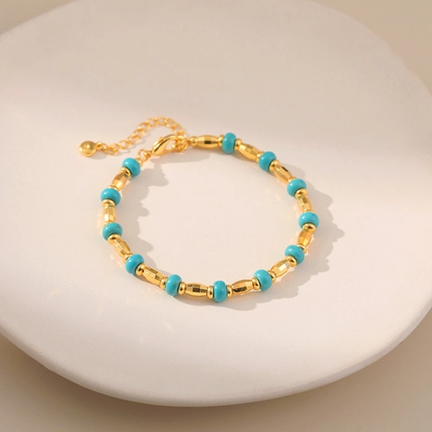 Bracelet Vintage En Perles De Turquoise Cuivre Plaqué Or 18K Style Palais Rétro Bijoux Réglables Pour Femmes