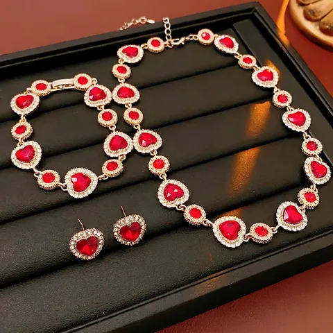 Joyas Corazón Vintage Diamantes Rojos Aleación Oro Collar Pulsera Pendientes Con Silver Earring Post Mujeres