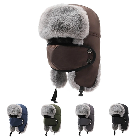 Polyester Faux Fur Trapper Hat Windproof Waterproof Winter Bomber Hat With Mask Ear Flaps For Men Outdoor Sports