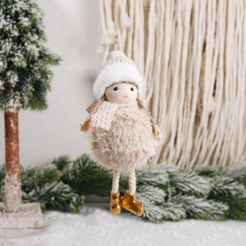 Pendentif Poupée De Noël En Peluche Fille Bonnet Tricoté Écharpe Ange Décoration De Sapin De Noël Suspendue Mignon