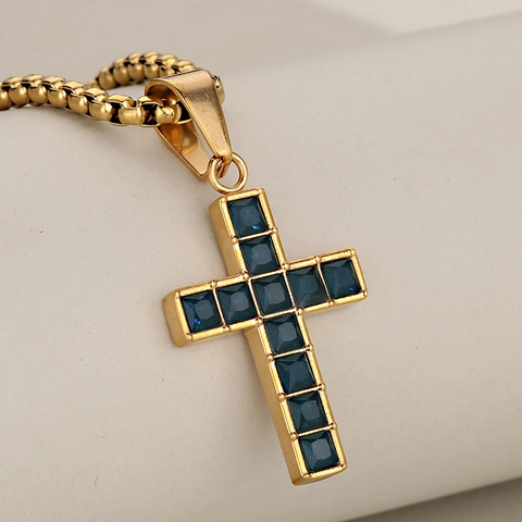 Collar Con Colgante De Cruz De Moda En Acero Inoxidable Con Circonita Cúbica Cuadrada Brillante Joyería De Estilo Hip Hop