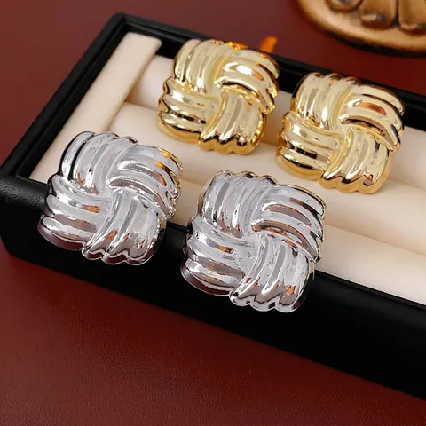 Pendientes De Botón Cuadrados Tejidos Con Poste De Plata Joyería De Metal Minimalista Vintage Chic Para Mujer