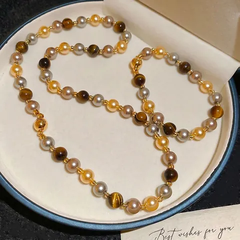 Franse Vintage Tijgeroog Steen Imitatie Kunstparel Ketting En Armband Magnetische Sluiting Elegante Sieraden Voor Dames