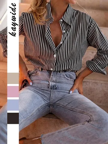 Chemisier À Rayures Manches Longues Femmes Polyester Élasthanne Motif Vertical Boutonné Revers Haut Mode Décontracté
