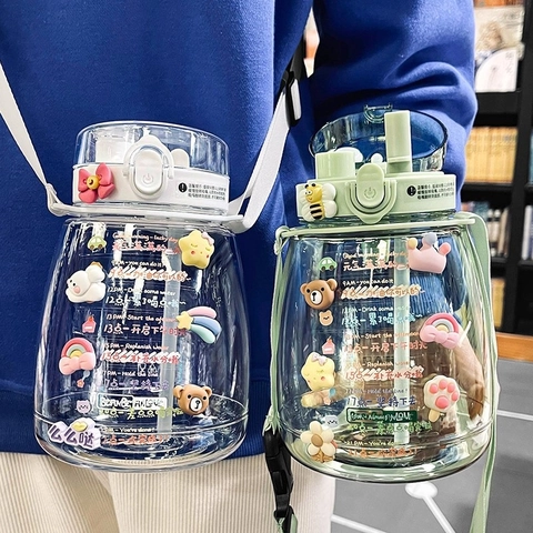 Large Capacity Water Bottle Plastic Big Belly Straw Strap Time Marker Cute Stickers Travel Sport Cup For Girls Kids