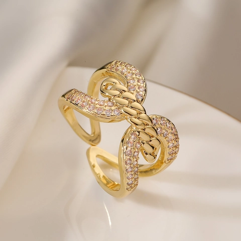 Kupfer 18K Vergoldet Zirkon Offener Ring Geometrisch Gedrehtes Knotendesign Verstellbarer Modeschmuck Für Frauen