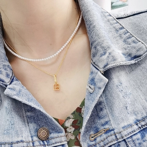 Elegante Collana di Perle Artificiali in Acciaio Inossidabile per Donna Moda Pendolare Catena d'Oro Girocollo con Perline