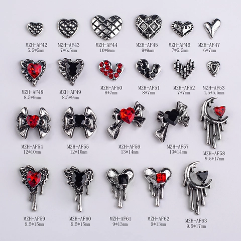 Gothic Nail Art Charms Vintage Silver Alloy Heart Bowknot Rhinestone Dark Punk Style Manicure DIY Decoration Accessories