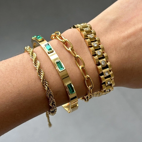 Stainless Steel 18K Gold Plated Rhinestone Bracelet For Women Elegant Green Gemstone Bangle Pave Link Jewelry Fashion Hand Accessory
