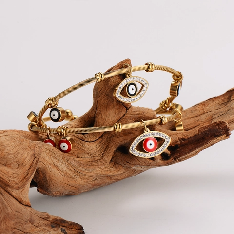 Bracciale Rigido Aperto Occhio Del Male Mano Di Fatima Placcato Oro 18K Acciaio Inossidabile 304 Smalto Per Donna
