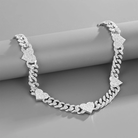 Set Collana e Bracciale a Maglia Cubana a Cuore Hip Hop per Uomo Donna Gioielli in Lega con Strass Iced Out Placcati Oro Argento Regalo Moda Street