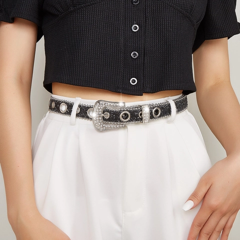 Cinturón de Strass Estilo Western para Mujer Cinturón de Cuero PU con Purpurina y Hebilla de Metal Brillante Accesorios de Moda