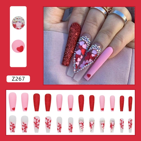 Unghie Finte A Pressione Forma A Bara Lunga Rosa Opaco Rosso Cuore Strass Glitter Unghie Artificiali Per Donne