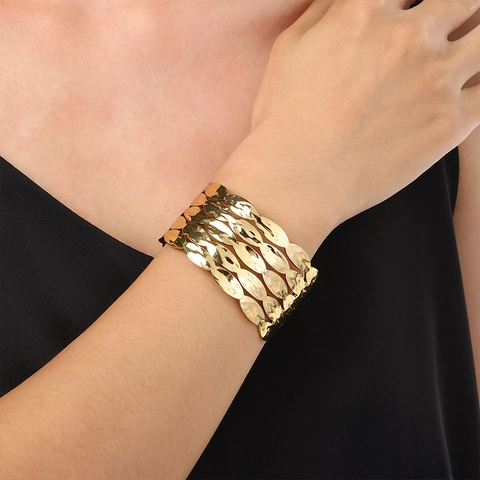 Stainless Steel Wide Open Cuff Bracelet Gold Plated Textured Wave Leaf Minimalist Retro Fashion Jewelry For Women