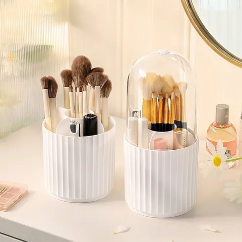Rotating Makeup Brush Organizer Dustproof With Lid Vertical Striped Plastic Cosmetic Storage Holder For Vanity Desktop