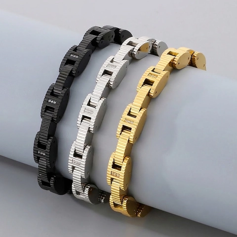 Bracciale Uomo Acciaio Inossidabile Strass Incrostato Maglie Orologio Stile Industriale Gioielli Moda