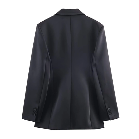 Women Blazer Jacket Long Sleeve Satin Finish Double Breasted Loose Fit Office Commute Elegant Outerwear Black