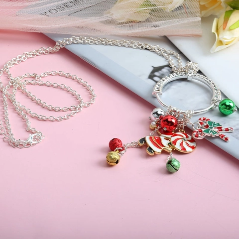Collana Con Ciondolo Babbo Natale Di Natale Donne Lega Rhinestone Smalto Campanelli Bastoncino Di Zucchero Catena Lunga