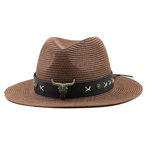 Western Cowboy Straw Hat Wide Brim Vintage Paper Fedora With Metal Bull Head Skull Star Rivets Bohemian Sun Protection Jazz