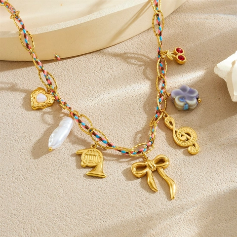 Collar De Acero Inoxidable Chapado En Oro Cuerda Tejida Múltiples Colgantes Corazón Lazo Nota Musical Perla Artificial Flor Cereza Joyería Retro Para Mujeres