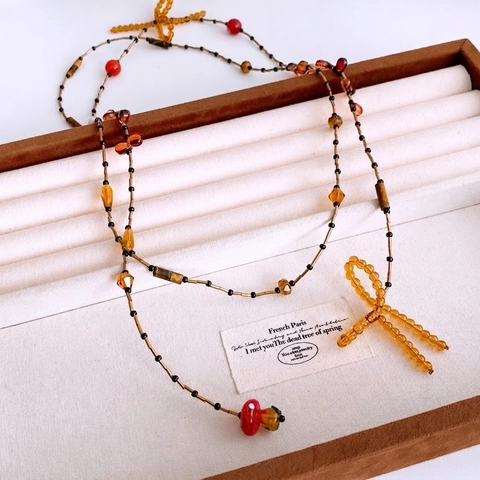 Agate Glass Beaded Necklace With Bow Mushroom Pendant Long Sweater Chain Vintage Bohemian Style Jewelry For Women