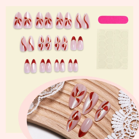 Eleganti Unghie Finte Stile Francese Forma Mandorla Rosa Perla Artificialto Lucide Con Fiocco Rosso E Glitter Per Donna