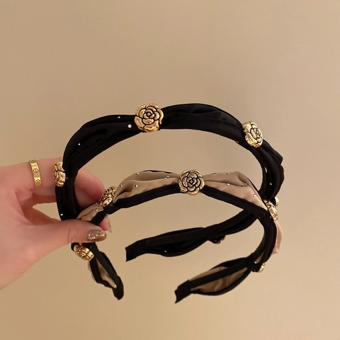 Camellia Flower Headband Elegant Fabric Satin Gold Metal Knot Hair Hoop With Rhinestone For Women Girls