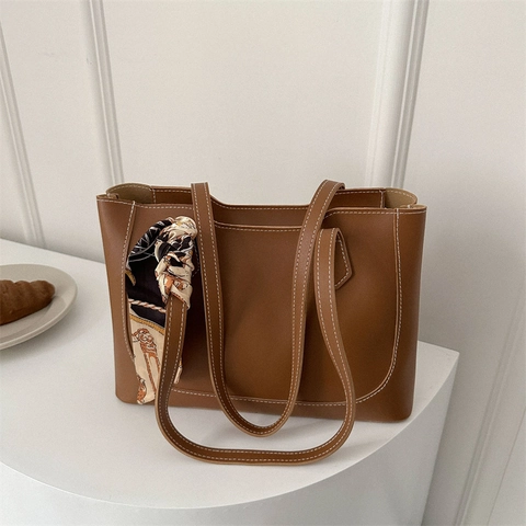Grand Sac Fourre-Tout Femme Cuir PU Sac À Épaule Avec Foulard En Satin Coutures Contrastées Sac À Main Minimaliste