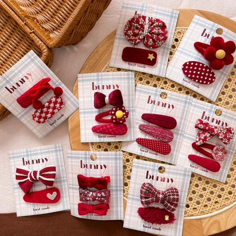 Girls Hair Clips Fabric Bow Flower Red Festive Handmade Autumn Winter Accessories For Kids Toddlers And Infants