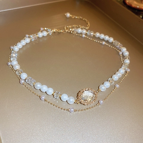 Elegant Double Layer Artificial Pearl Rhinestone Necklace For Women Gold Plated Alloy Crystal Pendant Clavicle Chain Jewelry Gift